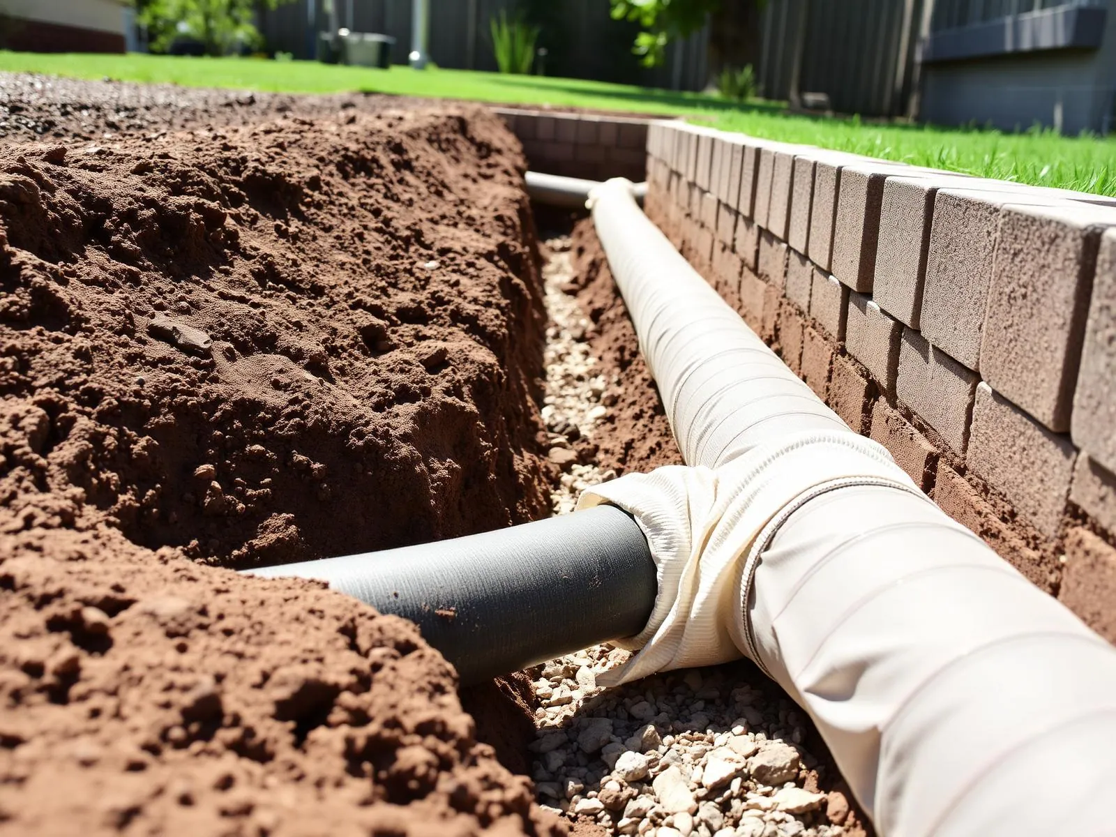 AG drain trench with slotted pipe and aggregate in a backyard