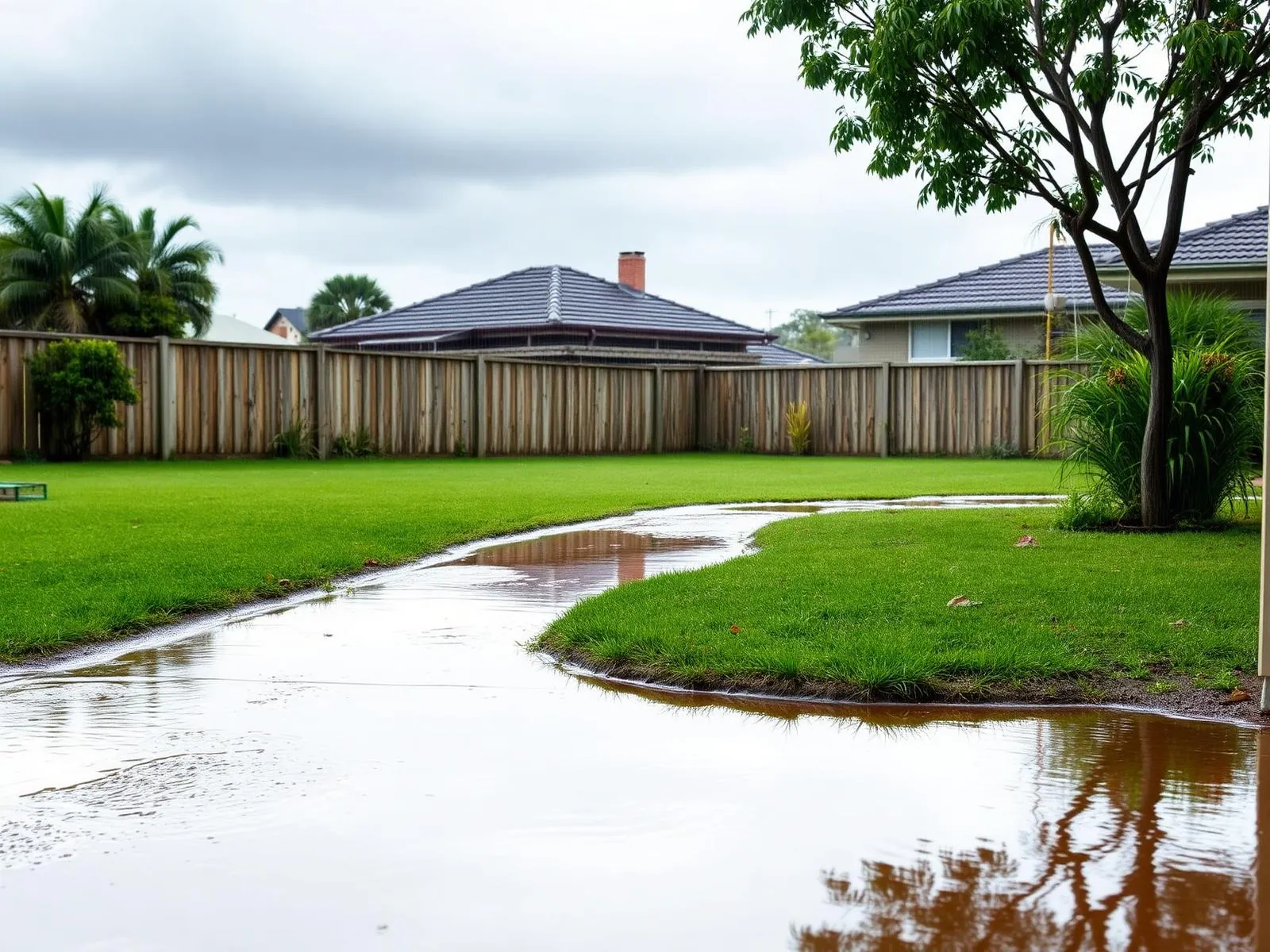 Waterlogged backyard lawn after heavy rain in Newcastle