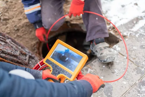 CCTV drain camera inspection of a blocked sewer line
