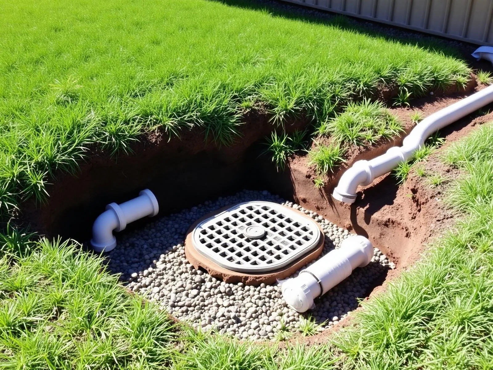 Stormwater pit installed in a backyard lawn
