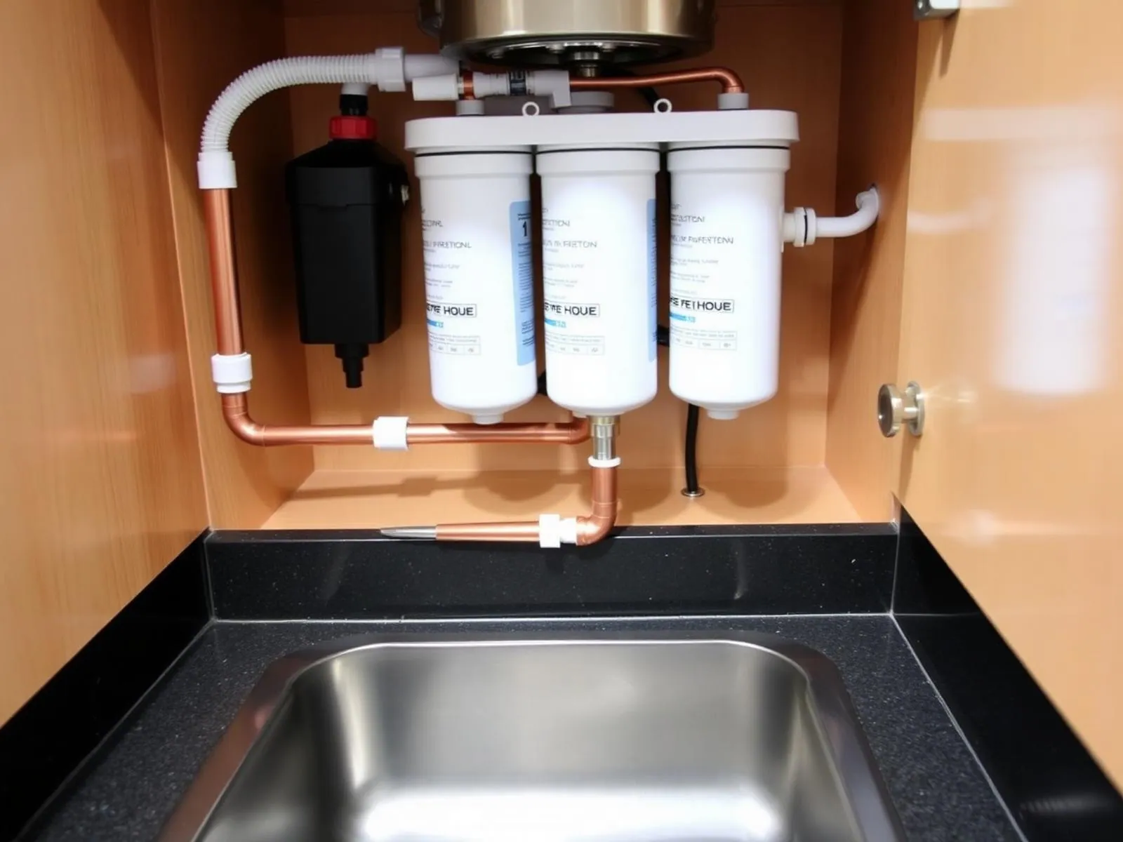Under-sink water filtration system installed in a kitchen cupboard